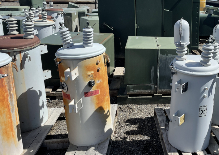 Various electrical transformers on pallets at MCF Waukesha Sample