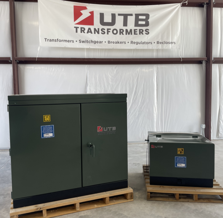 UTB Pad Mounted Transformers displayed in a warehouse