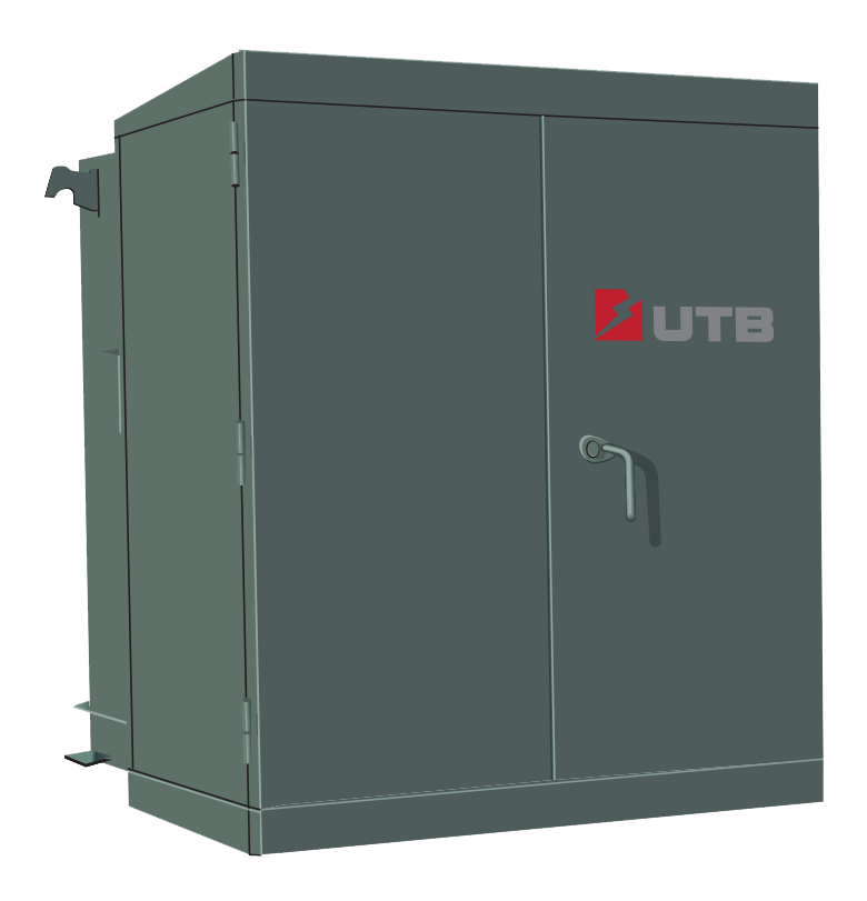 A metal cabinet Pad Mounted Transformers labeled 'UTB' .