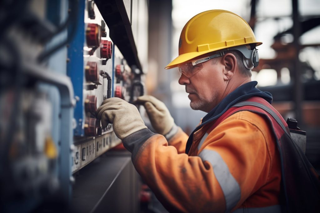 An older man in an orange hard hat and safety glasses working on a machine for transformer safety and substation voltage regulators.