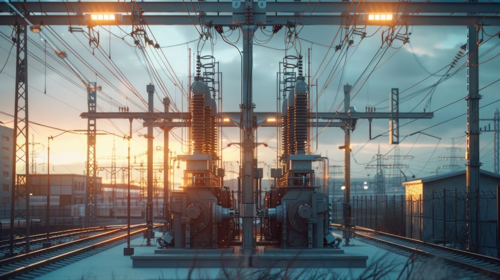 Electricity pylons and power lines silhouetted against a vibrant sunset, highlighting transformer safety and voltage regulation.