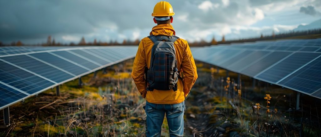 A man in a hard hat stands before solar panels, overseeing the installation of voltage regulators at a substation.