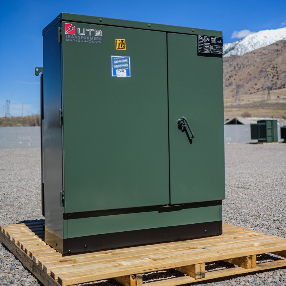 A green UTB transformer rated 112½ kVA on a pallet in a gravel area with snow-capped mountains under a clear blue sky.