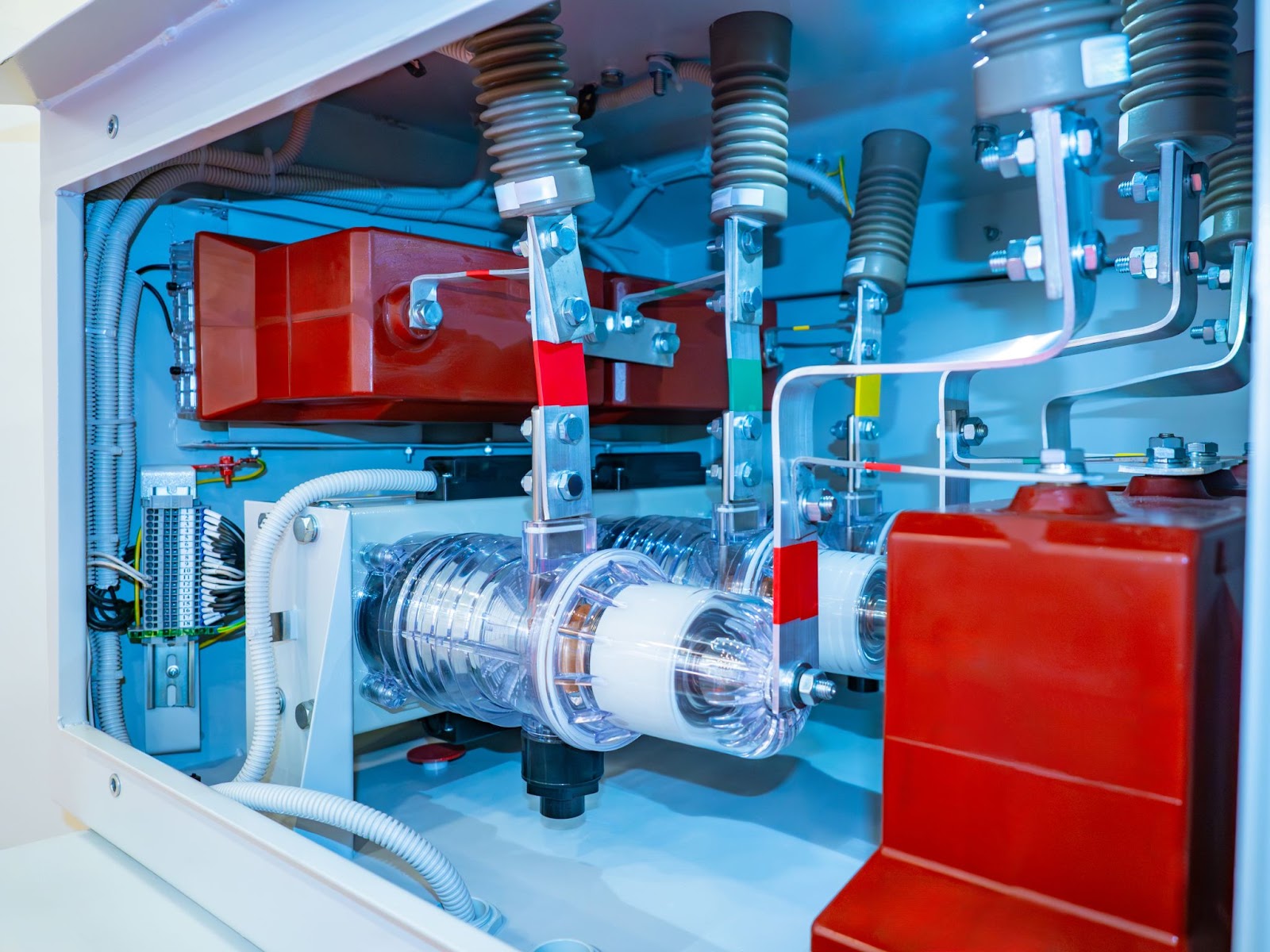 Inside view of an electrical cabinet with circuit breakers and wiring.
