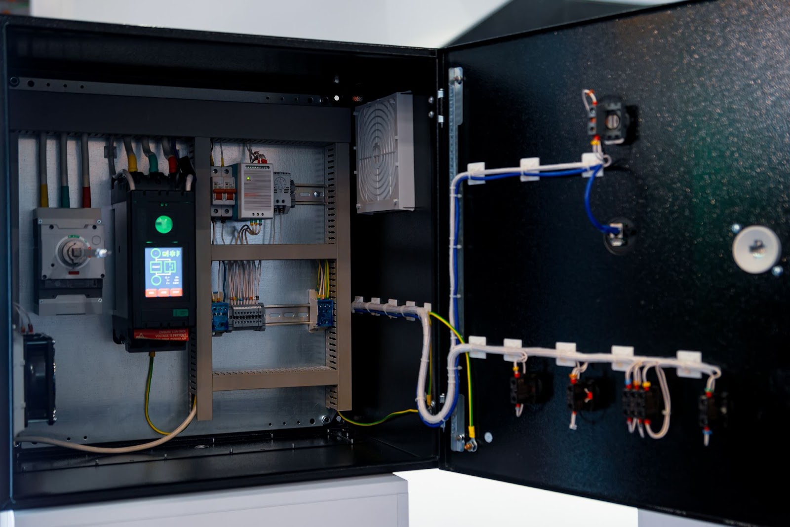 Open electrical control panel with wiring and a digital display.