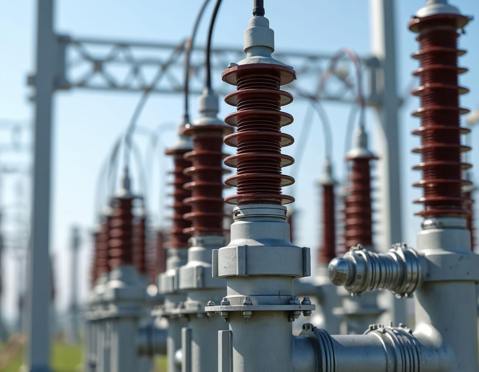 A cluster of high voltage transformers situated in an open field under a clear blue sky