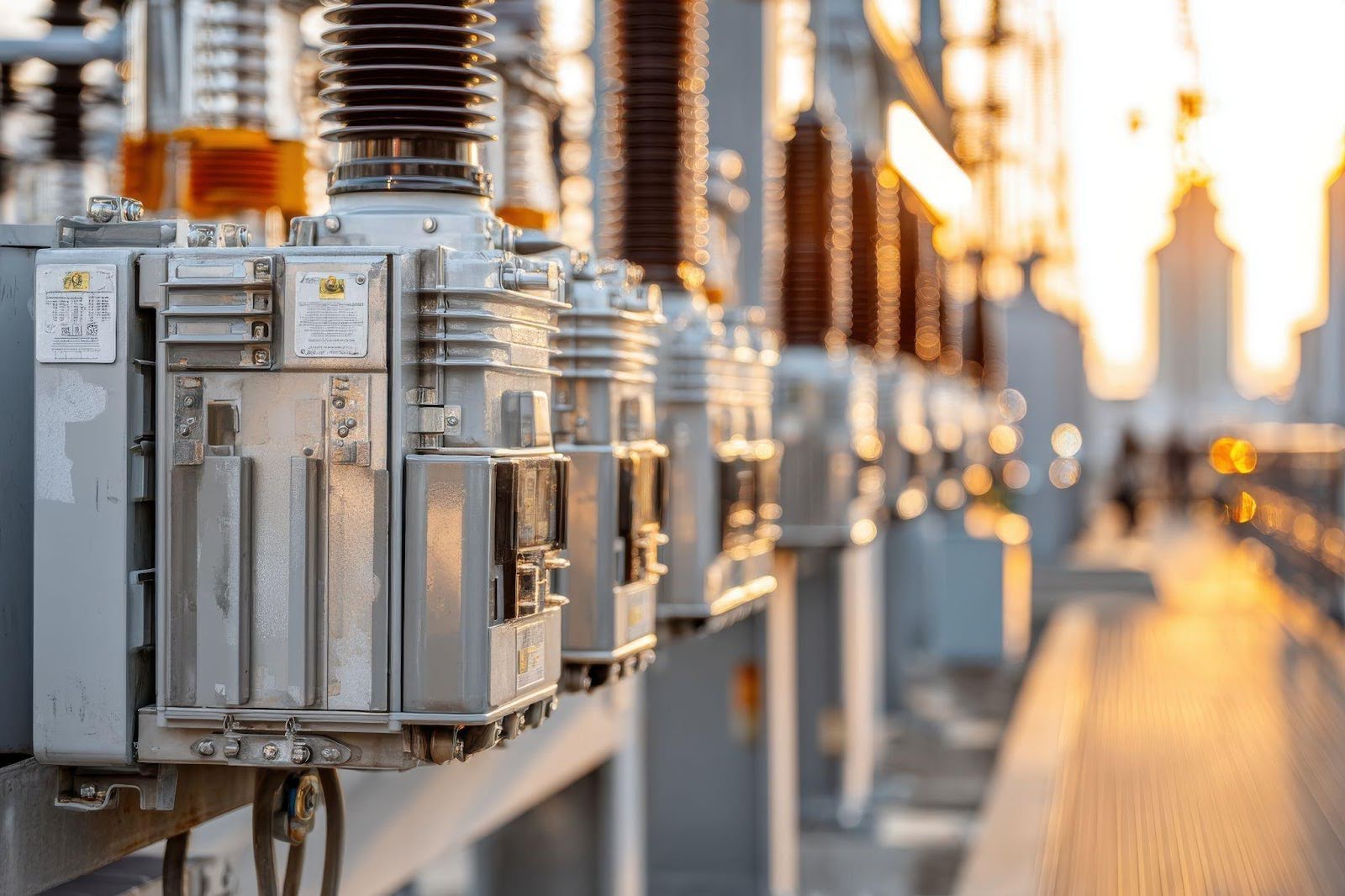 Electric substation featuring high voltage wires against a clear blue sky showcasing energy infrastructure